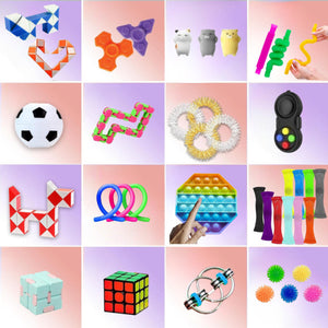 Obsah balíčka fidget hračiek – pop it, spinner, squishy, magický had a hlavolam kocka