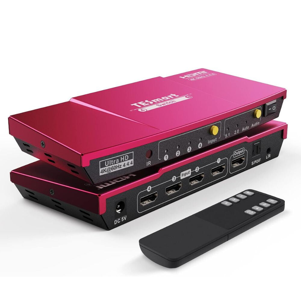 TESmart UHD HDMI Prepínač – 4x1 (4 Vstupy 1 Výstup), 4K@60Hz, HDR10, Dolby Vision, S/PDIF, CEC, S Audio Výstupom (Korálovo Červený)