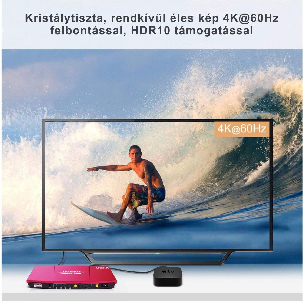 TESmart UHD HDMI Prepínač – 4x1 (4 Vstupy 1 Výstup), 4K@60Hz, HDR10, Dolby Vision, S/PDIF, CEC, S Audio Výstupom (Korálovo Červený)