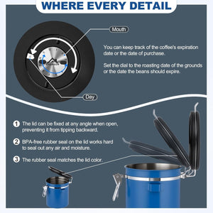 Bean Envy Prémium Légmentes Kávétároló Doboz 3000 ml – Rozsdamentes Acél, CO2 Szeleppel, Dátumjelölővel és Mérőkanállal – Kék - BShopy