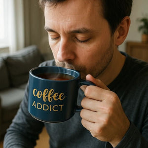 Coffee Addict Kerámia Bögre – 410 ml, Kék Arany Felirattal - BShopy