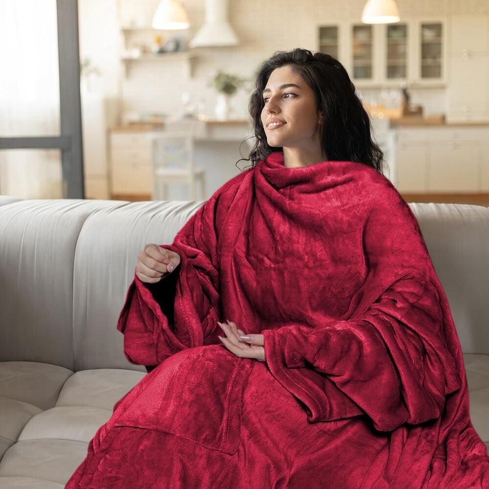 Hordható Pléd Kéznyílással és Zsebbel – Extra Puha Kivitel, Bordó - BShopy