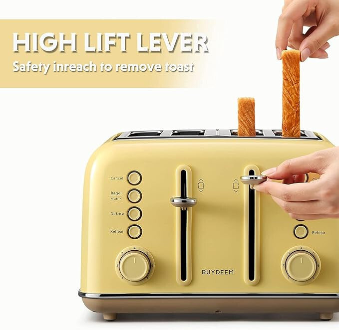 Buydeem DT640E Hriankovač – 4 Plátky, Citrónovo Žltý Retro Dizajn