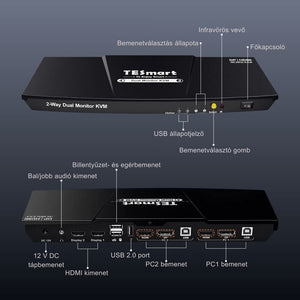 TESmart Dual Monitor KVM Switch – 4×2 (2 PC / 2 Monitor), HDMI + DisplayPort, 4K@60Hz, EDID, USB 2.0 (Fekete) - BShopy2 PC 2 monitor4K@60Hz