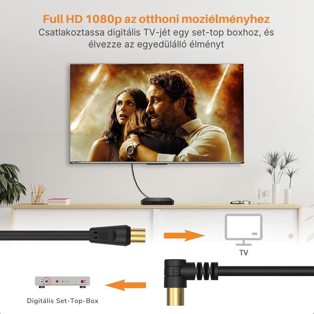 TESmart Koaxiális TV / SAT Kábel – Anya–Apa, 90° - os Csatlakozóval (Apa), RG59, Aranyozott, 75 Ohm, 7.5 m + Apa–Apa Koaxiális Toldó - BShopy7.5m75 Ohm90 fokos koax kábelX001A78MN7_2