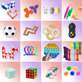 Obsah balíčka fidget hračiek – pop it, spinner, squishy, magický had a hlavolam kocka