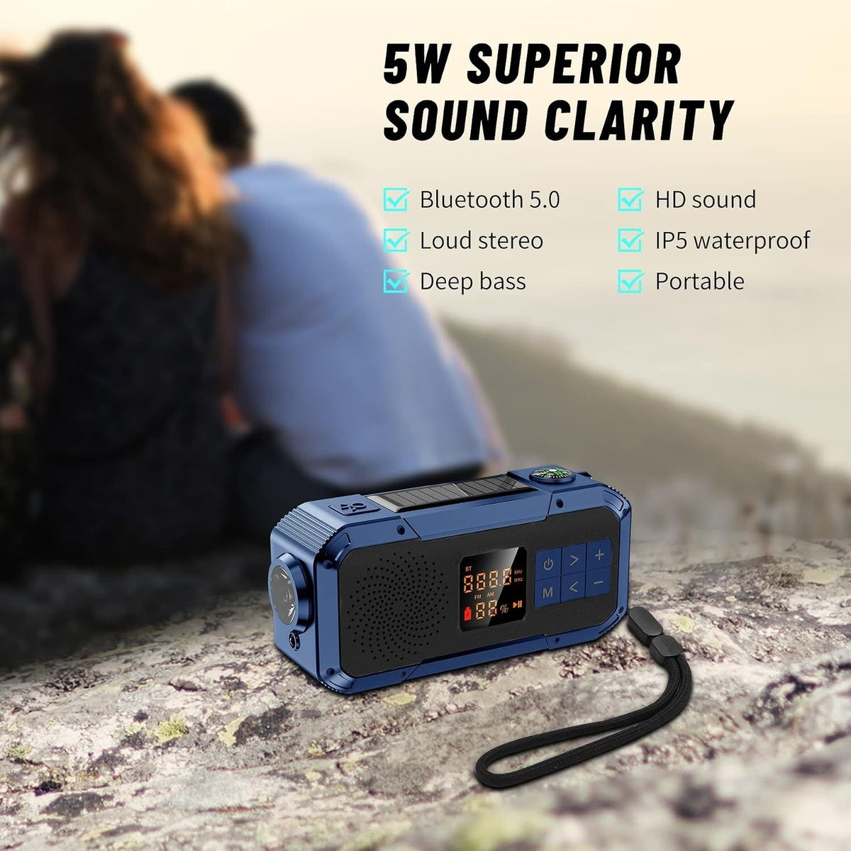 Multifunkčné prenosné rádio - Bluetooth, powerbanka, solárne, núdzové svetlo