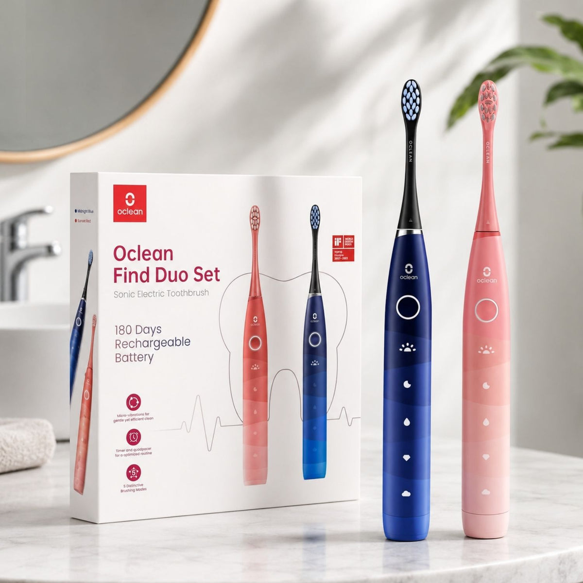 Oclean Find Duo Elektrická zubná kefka sada – 2 kusy, modrá a červená