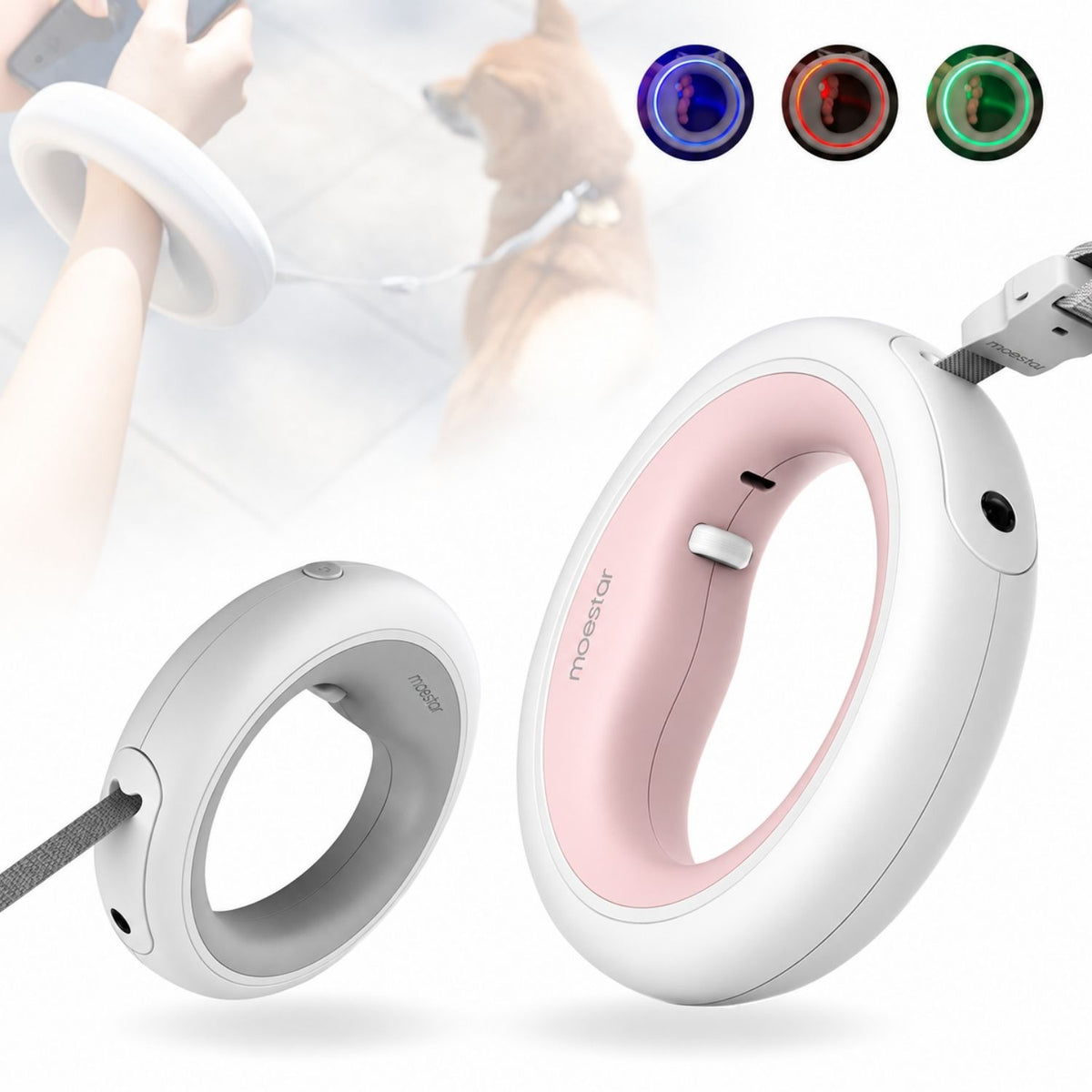 Moestar 2 Plus Retractable vodítko pre psa - 3 m, s LED svetlom, ružovo-biele, ergonomická rukoväť