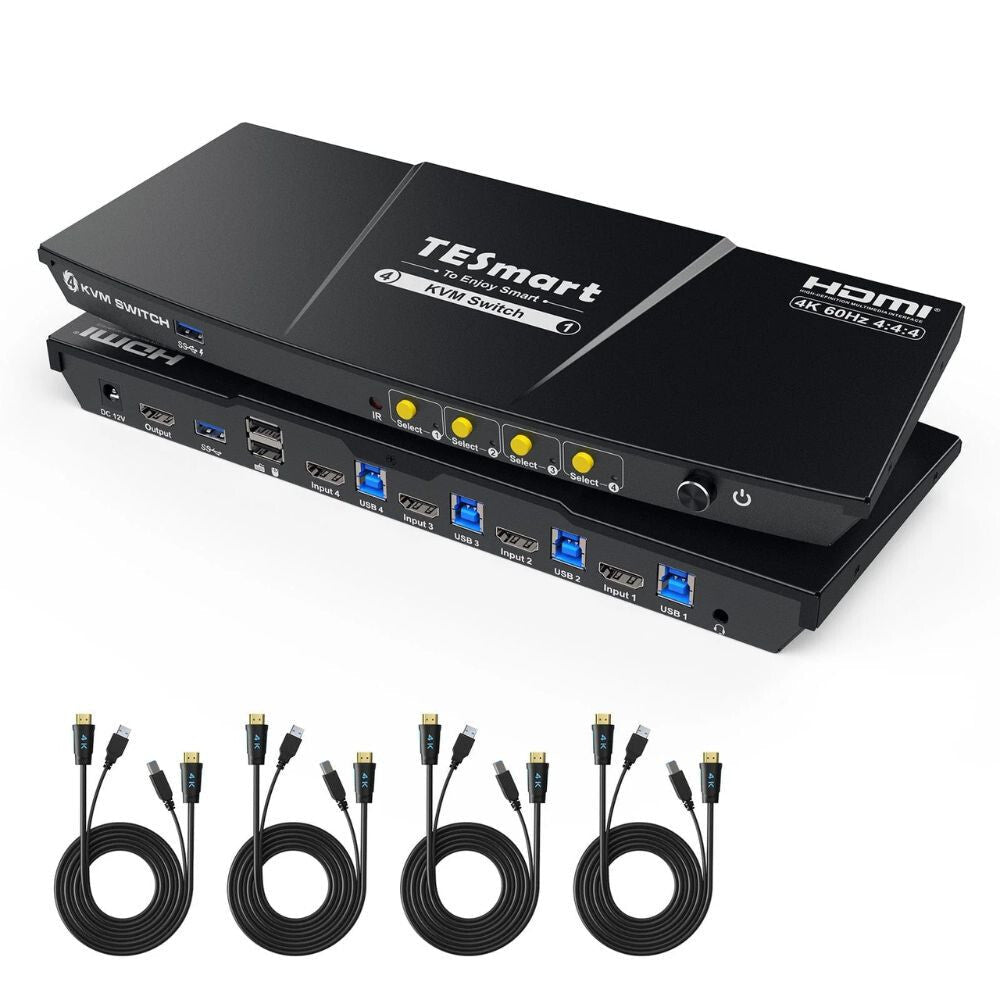 TESmart HDMI KVM Prepínač – 4x1 (4 PC / 1 Monitor), 4K@60Hz, EDID, USB 3.0