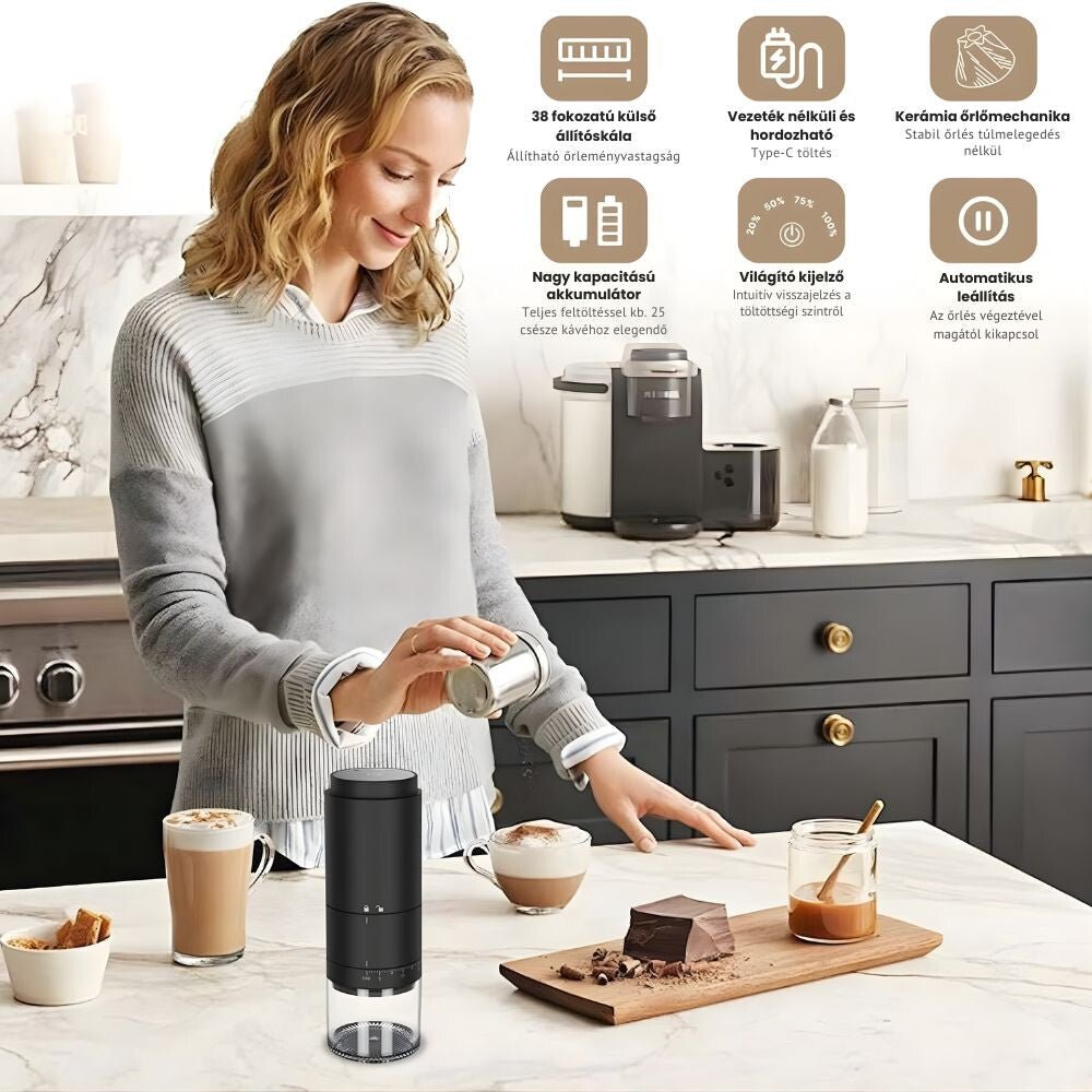 Elektromos Kávédaráló Akkumulátoros – 38 Állítható Őrlési Fokozat, LED Kijelző - BShopy