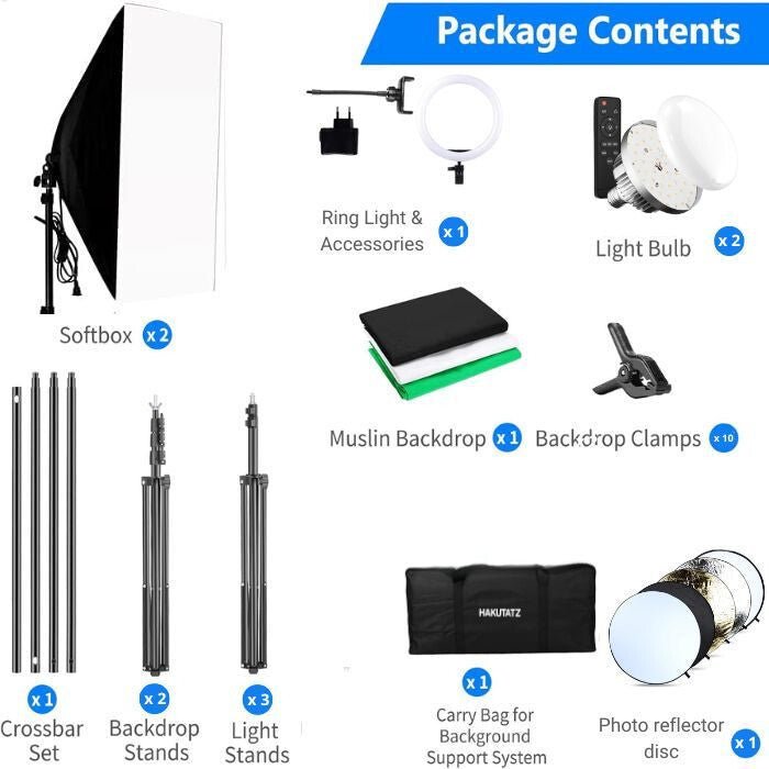 Hakutatz Proffeszionális Fotóstúdió Szett Gyűrűlámpával, Softboxszal és Háttérrel - BShopy