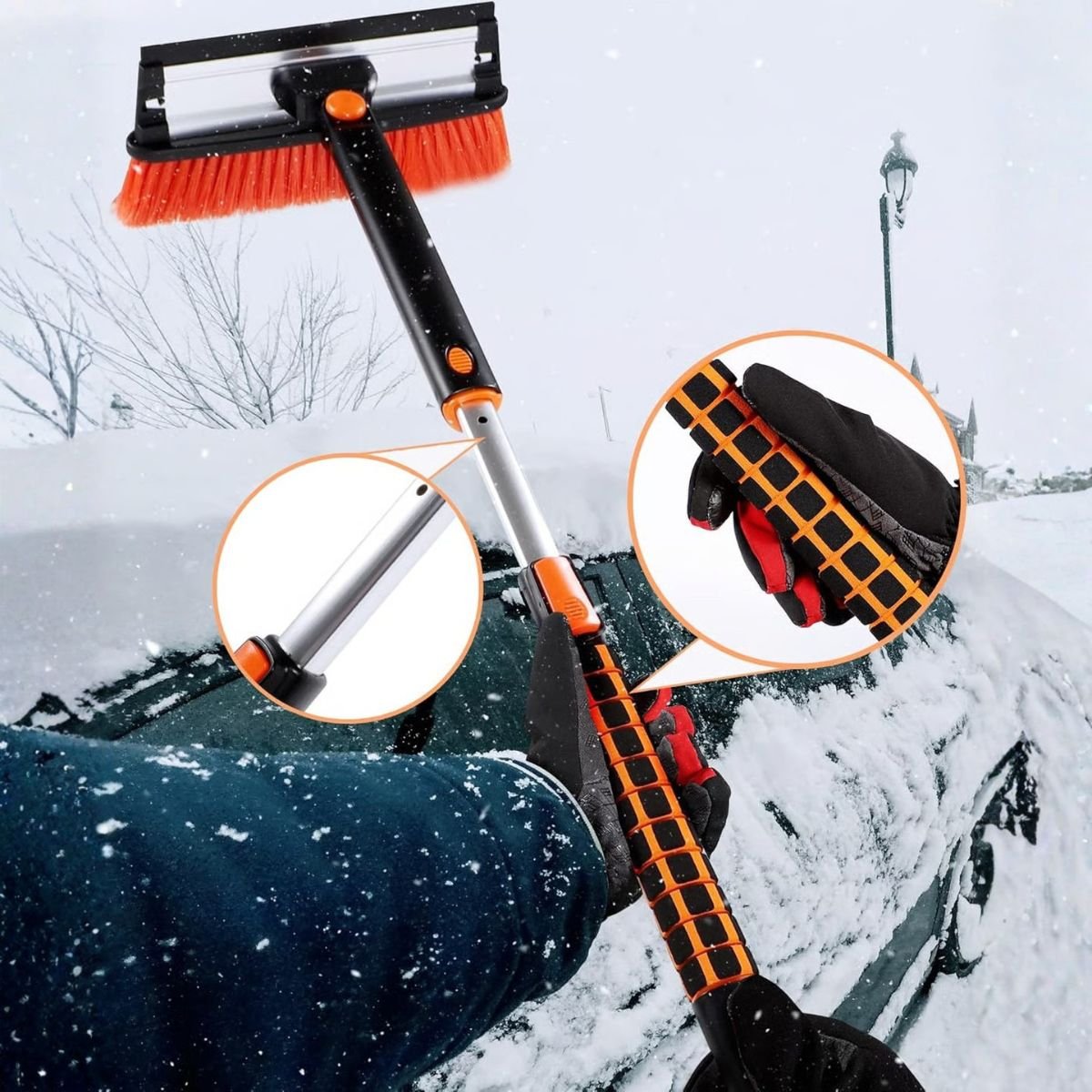 Hókefe jégkaparóval, teleszkópos 79–100 cm – 3 az 1-ben, forgatható fej, lehúzó, autóhoz-BShopy