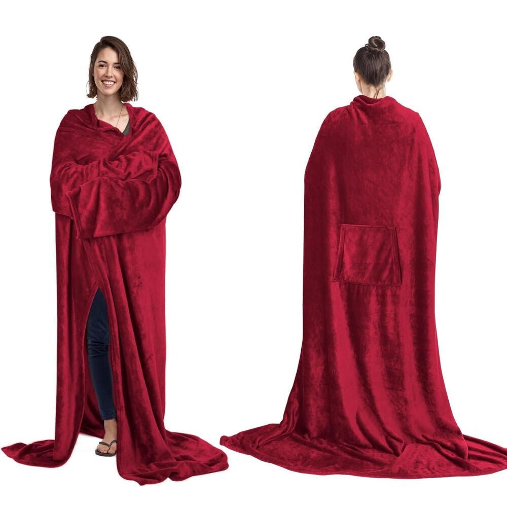 Hordható Pléd Kéznyílással és Zsebbel – Extra Puha Kivitel, Bordó - BShopy