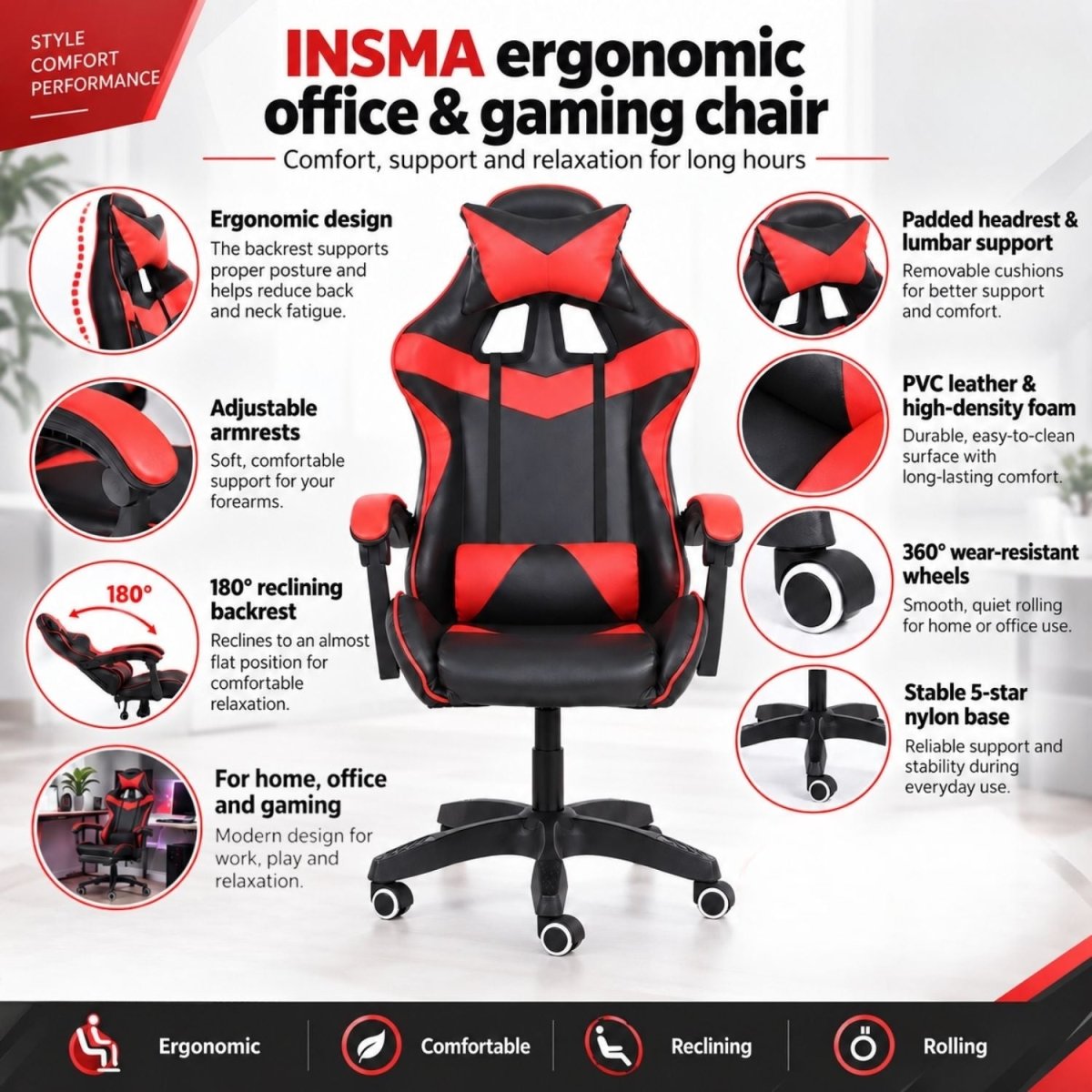 Insma Fekete-Piros Ergonomikus Gamer Szék-BShopy