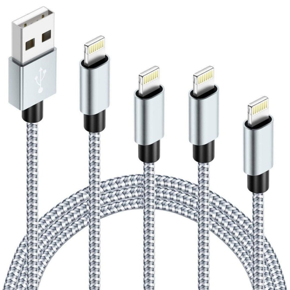 iPhone Töltőkábel 4 db - 1 m, Fonott Nylon, Fehér - Szürke, Lightning Kábel Szett - BShopy