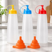 Sada fľaštičiek na omáčky 3 ks, 550 ml – 2 silikónové lieviky, bez BPA, nekvapkajú, LikeSun