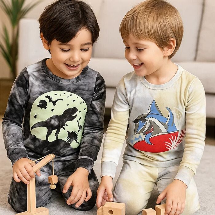 LOLPIP Hosszú Pamut Fiú Pizsama Szett 8 Éveseknek 2db (Cápás És Dinós) - BShopy