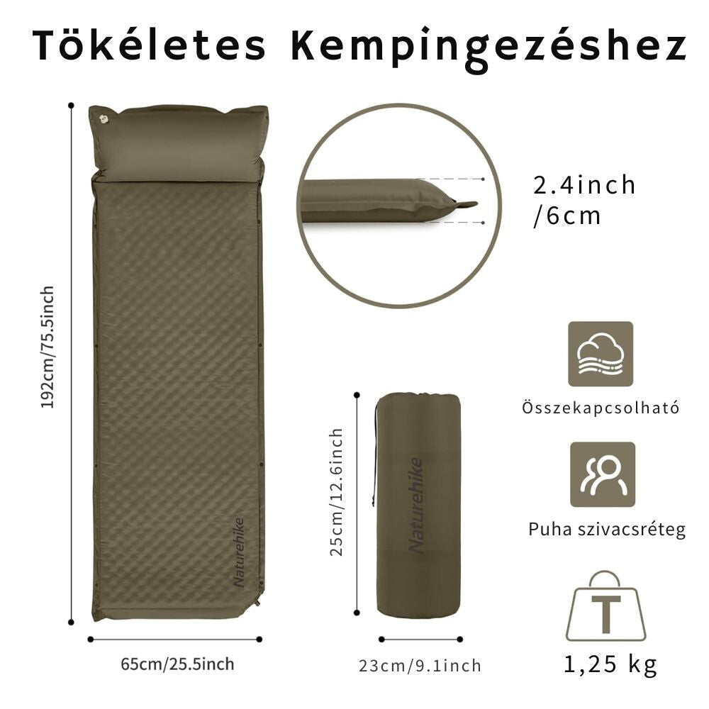 Naturehike Könnyen Felfújható Kempingmatrac Beépített Párnával – 6 cm Vastag, Összekapcsolható, Khaki Zöld - BShopy