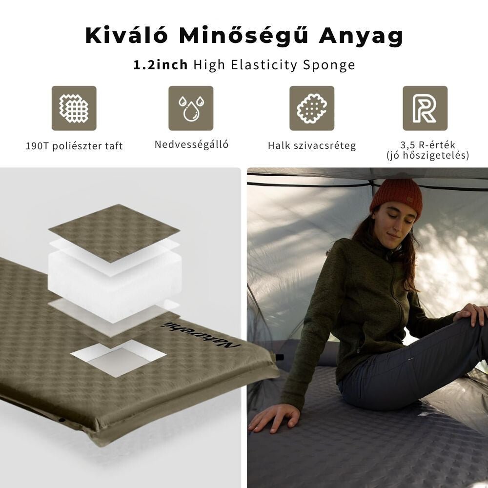 Naturehike Könnyen Felfújható Kempingmatrac Beépített Párnával – 6 cm Vastag, Összekapcsolható, Khaki Zöld - BShopy850055797772_2