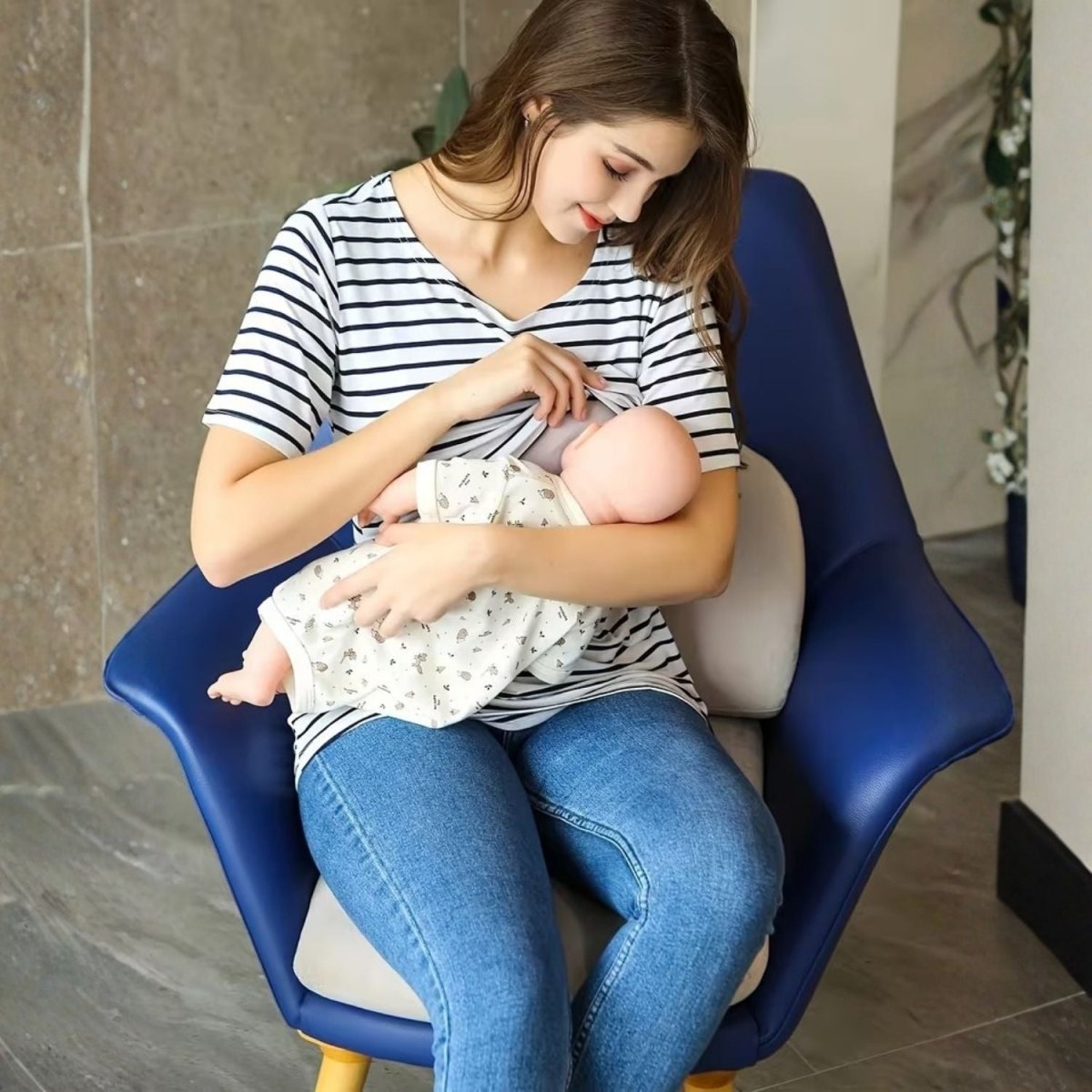 Női Kismama Szoptatós Póló, Rövid Ujjú Felső (Fekete-Fehér Csíkos)-BShopy