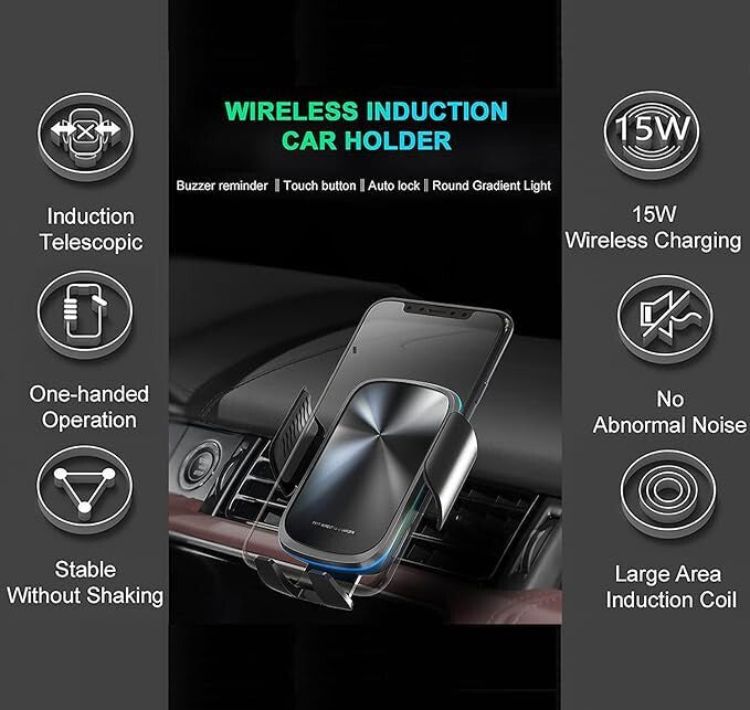 Qi Vezeték Nélküli Autós Töltő és Telefontartó - Gyors Töltés, Univerzális Tartó Fekete Színben - BShopy