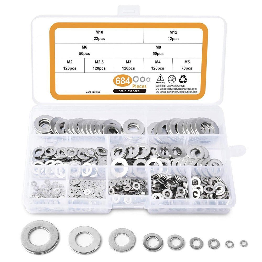 Rozsdamentes Acél Lapos Alátét Készlet - 684 darabos Szerelő Alátét Szett Tárolódobozban - BShopy