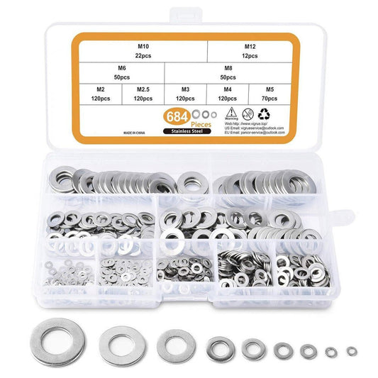 Rozsdamentes Acél Lapos Alátét Készlet - 684 darabos Szerelő Alátét Szett Tárolódobozban - BShopyX001BWSQKZ_0