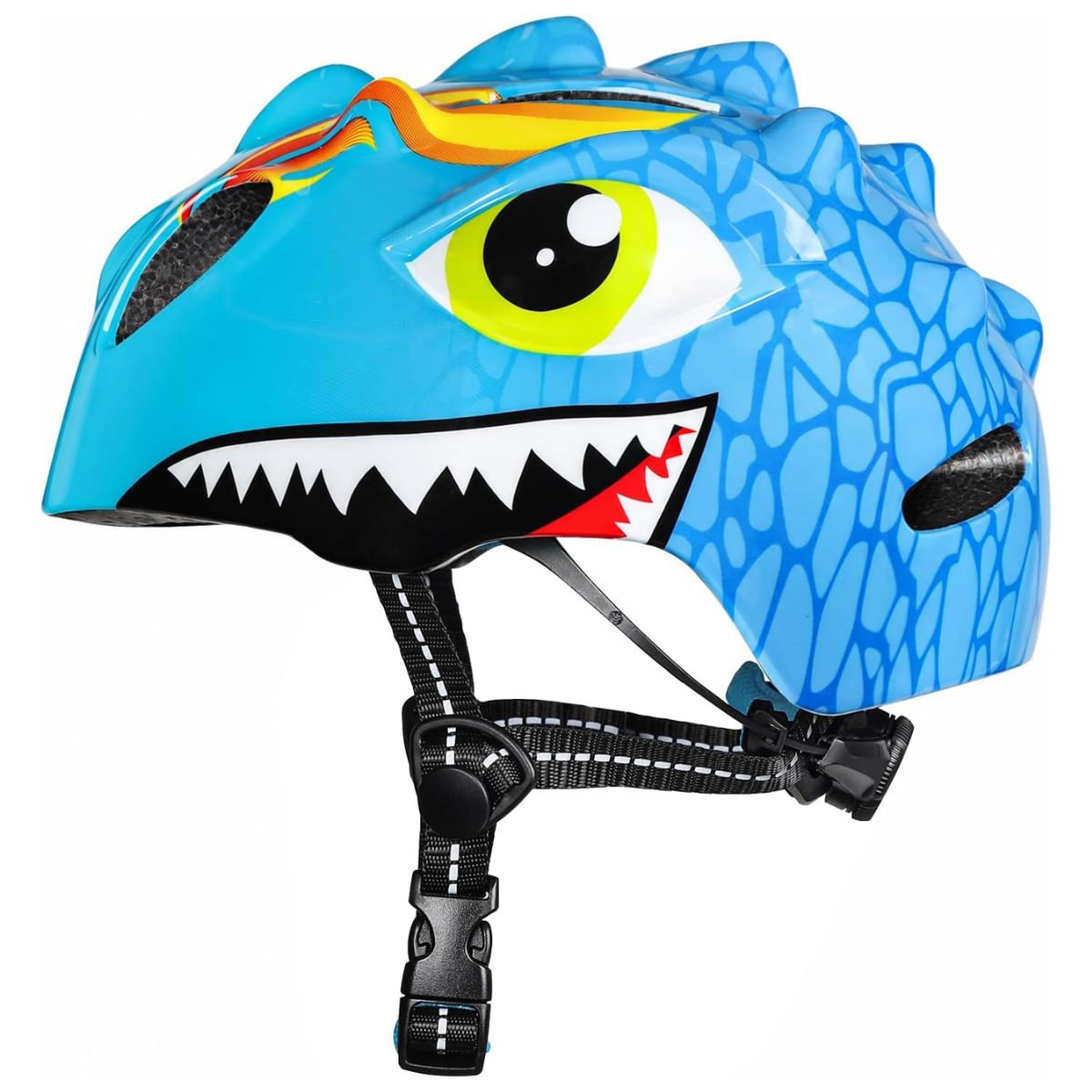 Modrá detská prilba na bicykel s dinosaurom