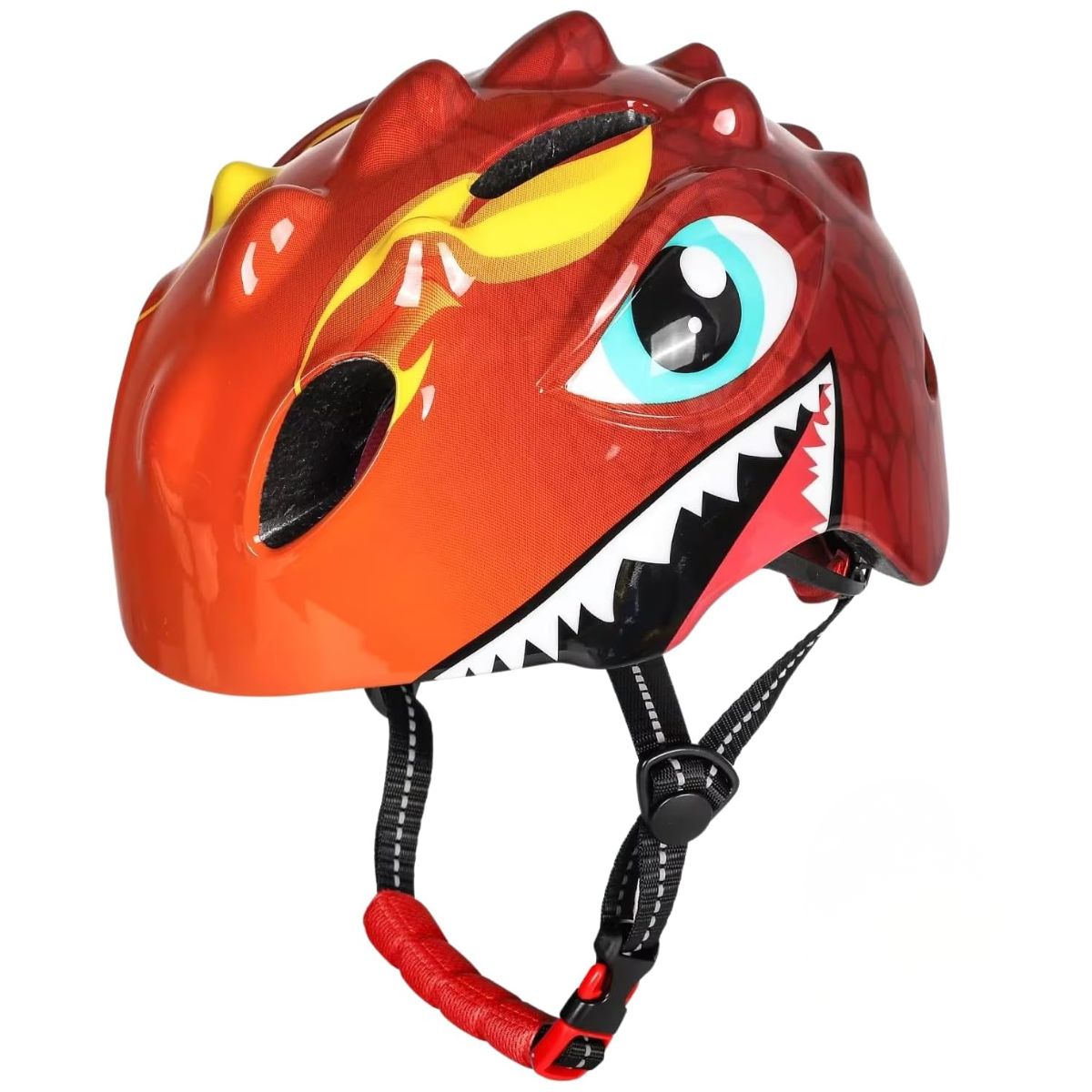 Červená detská prilba na bicykel s dinosaurom
