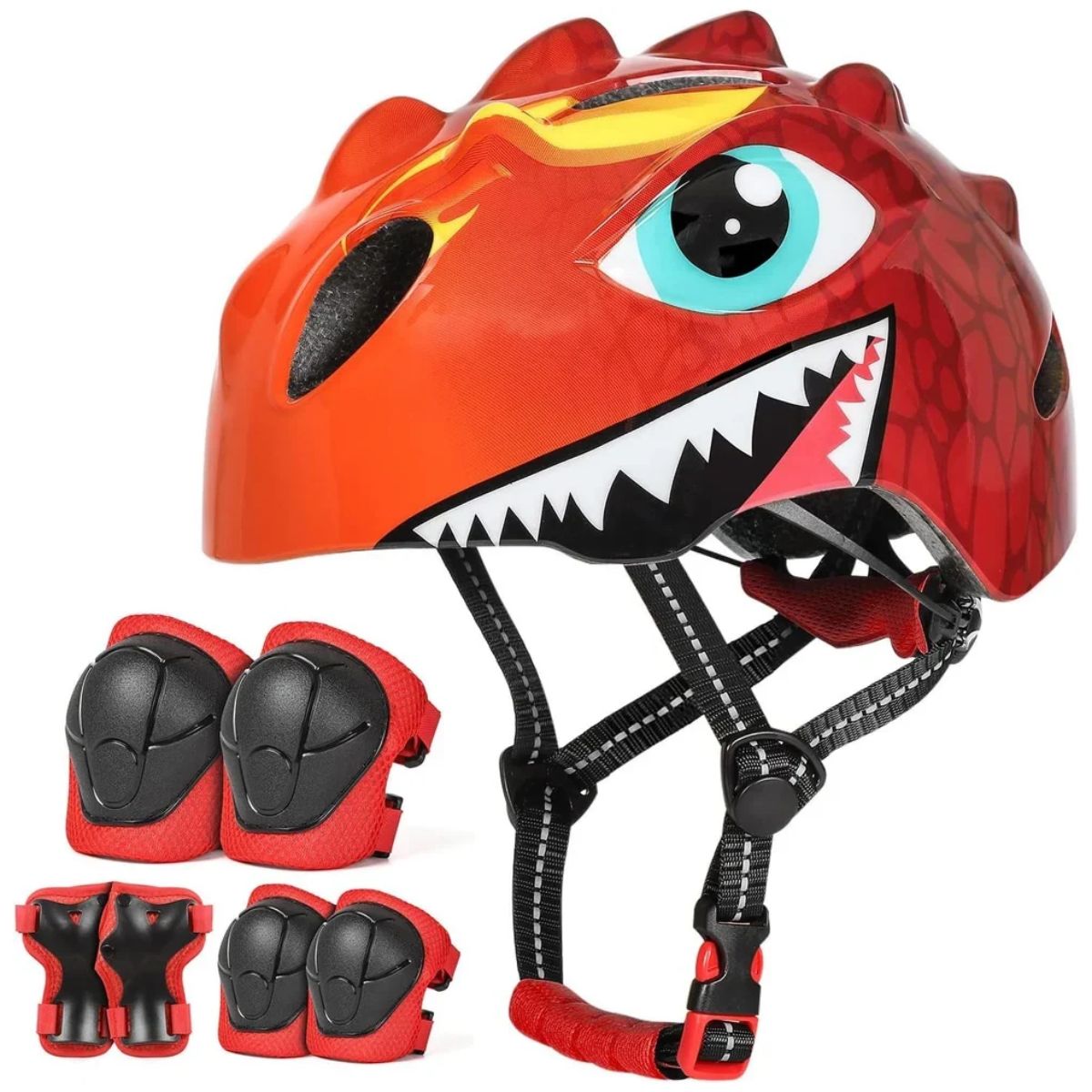 Súprava červenej detskej prilby s dinosaurom a chráničov