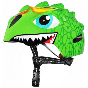 Zelená detská prilba na bicykel s dinosaurom