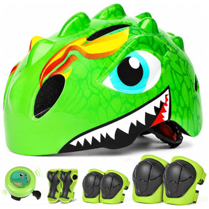 Súprava zelenej detskej prilby s dinosaurom, chráničov a zvončeka