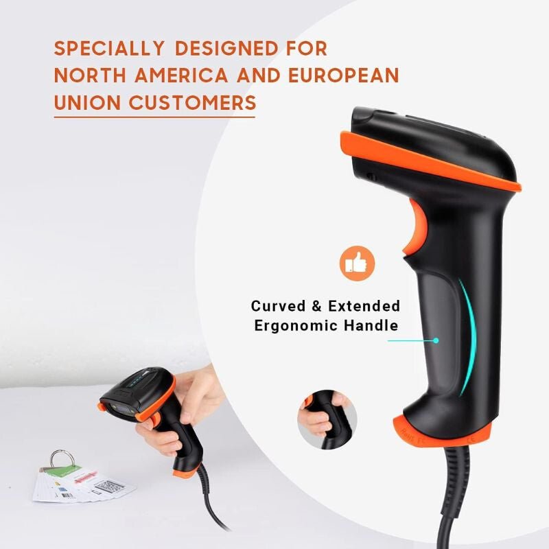 Tera D5100Y - Z vezetékes 1D2D Vonalkódolvasó Állvánnyal – IP65 Por - és Vízálló, Plug & Play - Narancssárga - BShopy