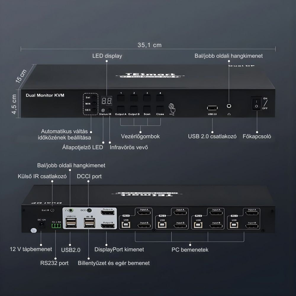 TESmart Dual Monitor DisplayPort KVM Switch – 8x2 (4 PC, 2 Monitor) 4K@60Hz, EDID, Hot Plug, USB 2.0, Pass - Through, DCCI - BShopy