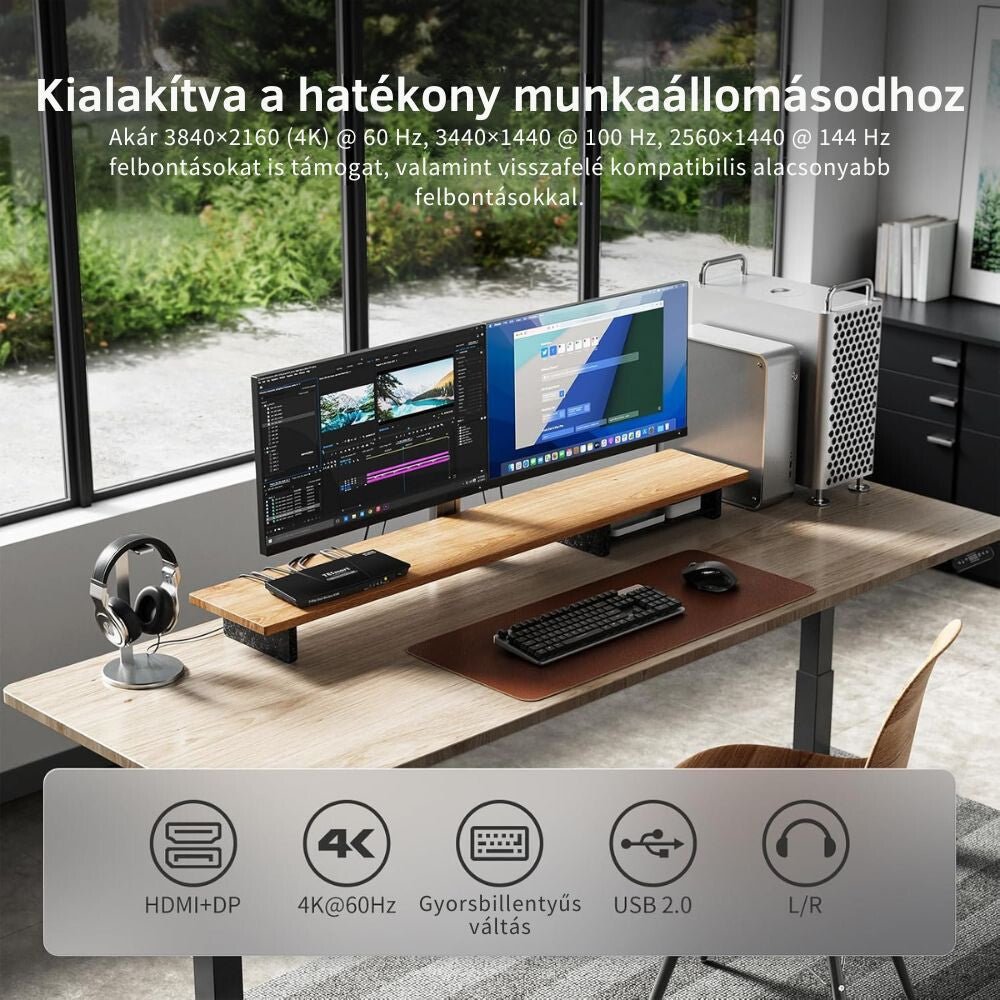 TESmart Dual Monitor KVM Switch – 4×2 (2 PC / 2 Monitor), HDMI + DisplayPort, 4K@60Hz, EDID, USB 2.0 (Fekete) - BShopy2 PC 2 monitor4K@60Hz