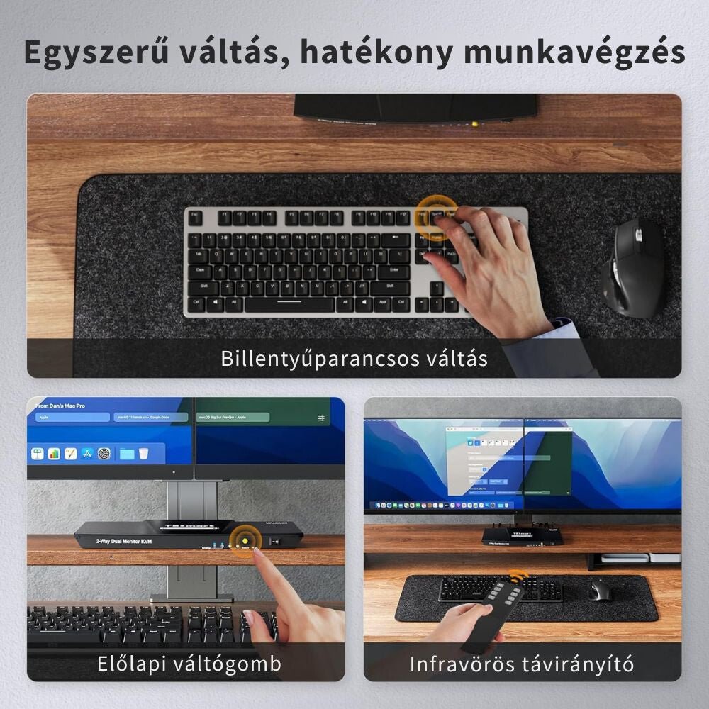 TESmart Dual Monitor KVM Switch – 4×2 (2 PC / 2 Monitor), HDMI + DisplayPort, 4K@60Hz, EDID, USB 2.0 (Fekete) - BShopy2 PC 2 monitor4K@60Hz