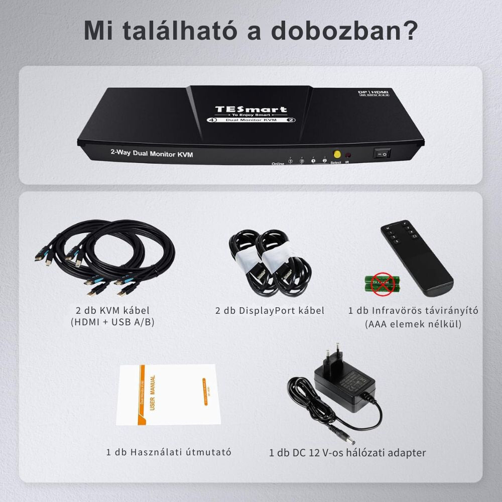 TESmart Dual Monitor KVM Switch – 4×2 (2 PC / 2 Monitor), HDMI + DisplayPort, 4K@60Hz, EDID, USB 2.0 (Fekete) - BShopy2 PC 2 monitor4K@60Hz