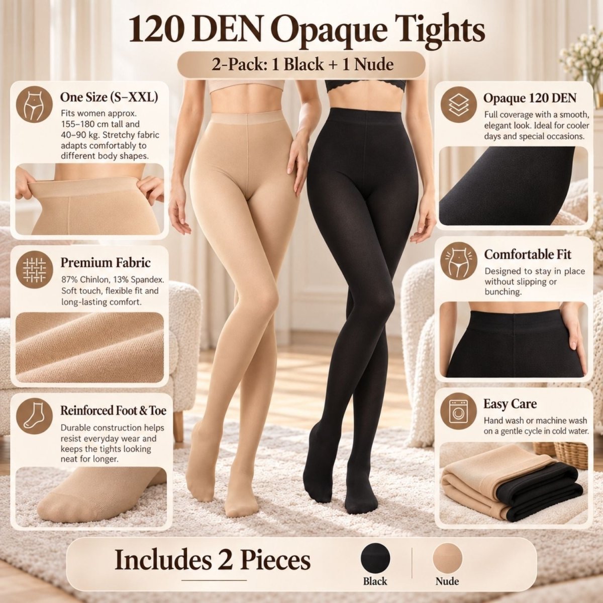 Yulaixuan 2 ks dámske pančuchové nohavice - 120 DEN čierne - telové - BShopy