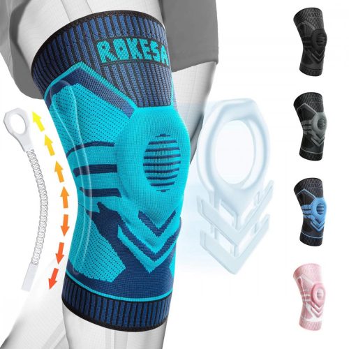 Ortéza na kolená Rokesa, profesionálna úľava od bolesti s bočnými stabilizátormi a gél na patellu, veľkosť 3XL (tyrkysovo modrá)