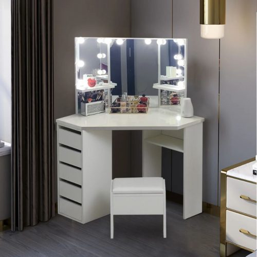 Roze, Corner Makeup Mirror Table, biela, slampou a stoličkou