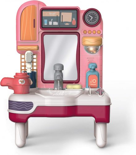 Kúpeľňové zrkadlo s umývadlom, kohútikom, príslušenstvom Pipere, osvetlením a prehrávaním zvuku (ružové)